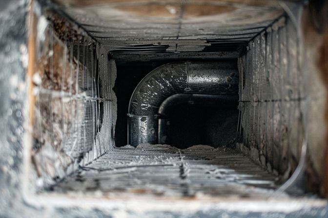A dirty and cluttered air duct with weak airflow from AC unit. A dirty and cluttered air duct with weak airflow from AC unit.