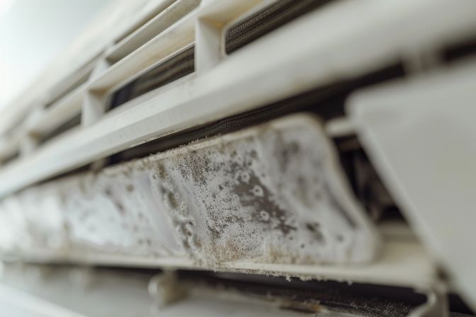 Close-up photo of dusty and blocked remote sensor in air-conditioning unit. Close-up photo of dusty and blocked remote sensor in air-conditioning unit.