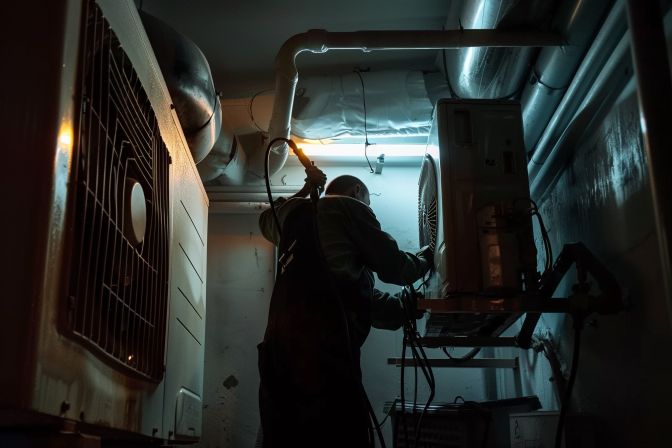 A technician demonstrates chemical washing on an air conditioning unit. A technician demonstrates chemical washing on an air conditioning unit.