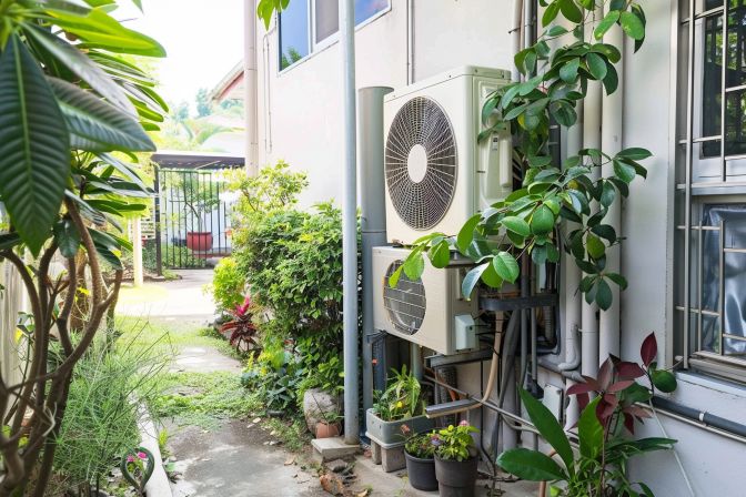 A shaded outdoor aircon unit with clear open space for efficient airflow. A shaded outdoor aircon unit with clear open space for efficient airflow.