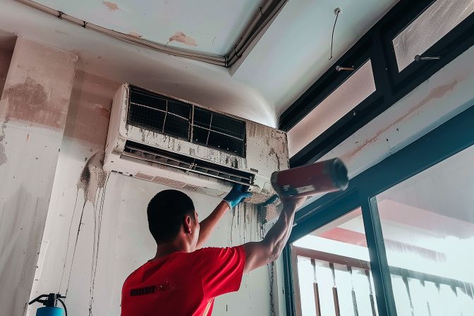 A technician is cleaning a messy air conditioner in a residential setting. A technician is cleaning a messy air conditioner in a residential setting.