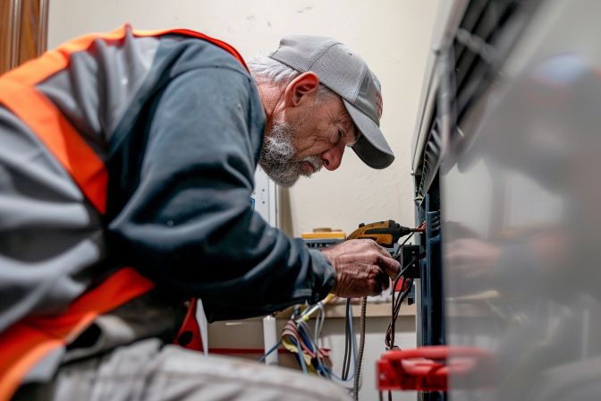 An air conditioner repair technician examines a malfunctioning unit in a home. An air conditioner repair technician examines a malfunctioning unit in a home.
