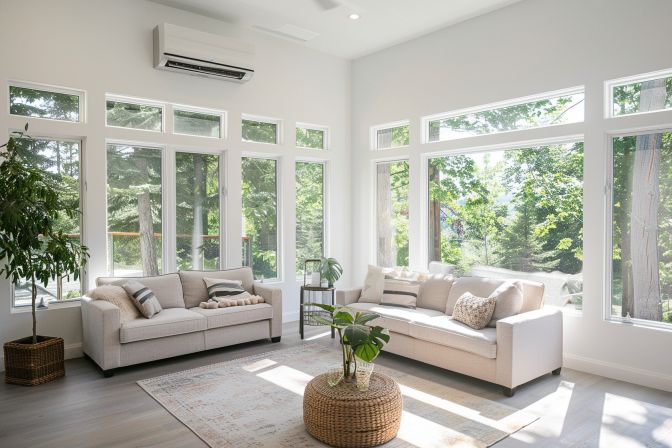 The living room showcases a 5-tick rated energy-efficient air conditioning unit. The living room showcases a 5-tick rated energy-efficient air conditioning unit.