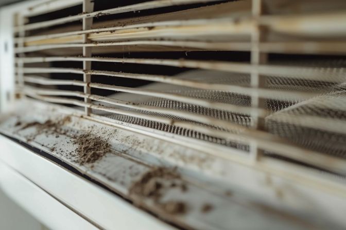 A dirty air filter obstructs airflow in an air conditioning unit. A dirty air filter obstructs airflow in an air conditioning unit.