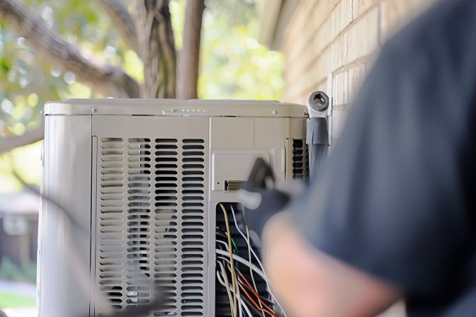 A technician servicing an air conditioner at a residential home. A technician servicing an air conditioner at a residential home.
