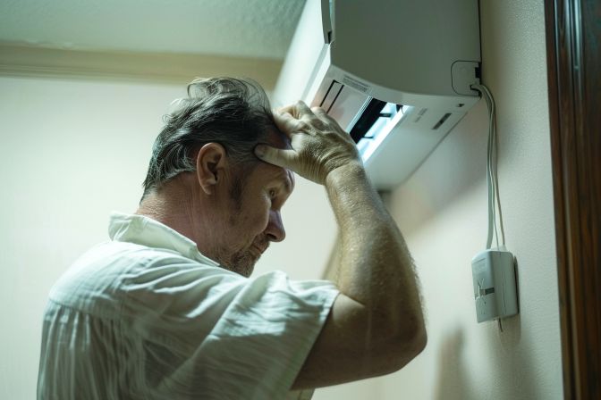 A man struggles with faulty air conditioning and electrical issues. A man struggles with faulty air conditioning and electrical issues.