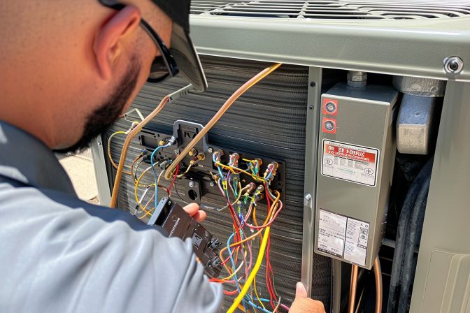 A technician conducting a detailed inspection of an HVAC unit. A technician conducting a detailed inspection of an HVAC unit.