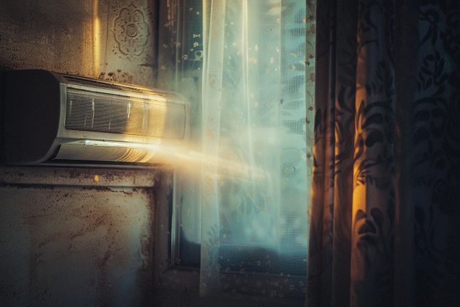 A neglected air conditioner with a clogged filter emits weak, warm air. A neglected air conditioner with a clogged filter emits weak, warm air.