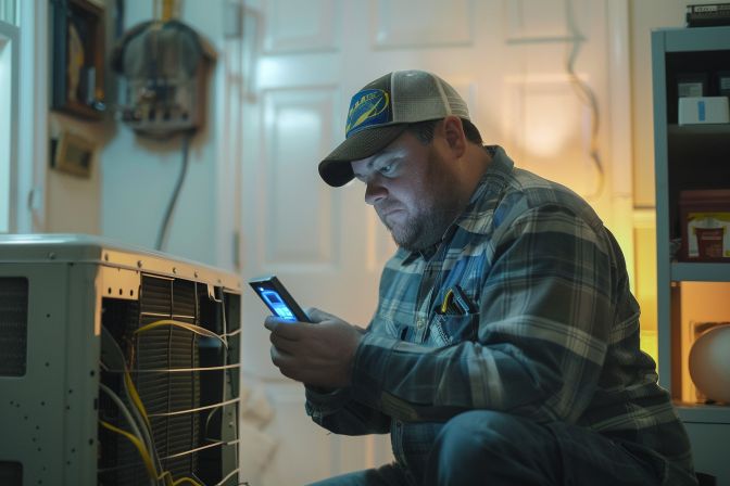 A HVAC technician examines a residential air conditioning unit with diagnostic tools. A HVAC technician examines a residential air conditioning unit with diagnostic tools.
