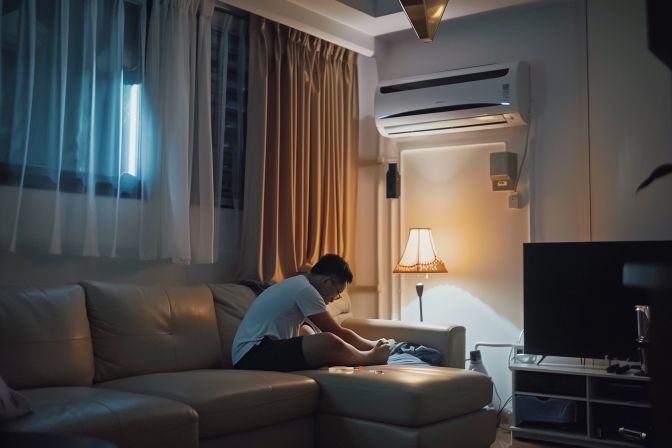 Air conditioning technician servicing a unit in a Singaporean home. Air conditioning technician servicing a unit in a Singaporean home.