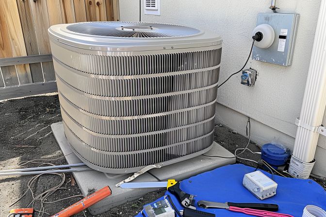 Maintenance of residential air conditioning unit with signs of wear. Maintenance of residential air conditioning unit with signs of wear.