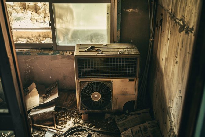 A worn-out air conditioning unit in a cluttered room. A worn-out air conditioning unit in a cluttered room.
