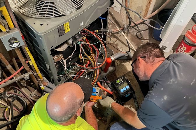 A technician performs maintenance on an air cooler in a home. A technician performs maintenance on an air cooler in a home.