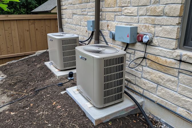 The image shows outdoor and indoor air conditioning units with visible connections. The image shows outdoor and indoor air conditioning units with visible connections.