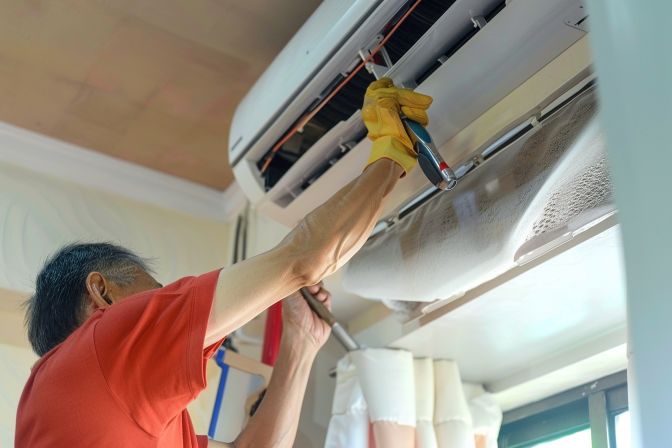 A person conducting aircon servicing at home to save costs. A person conducting aircon servicing at home to save costs.
