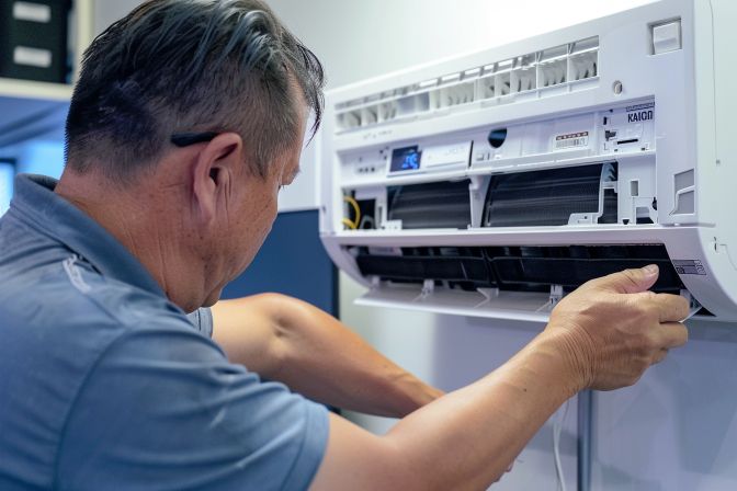 Air conditioner repairman inspecting malfunctioning unit in home office setting. Air conditioner repairman inspecting malfunctioning unit in home office setting.