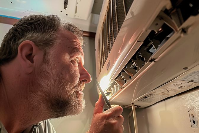 A man in his 40s inspecting a leaking air conditioner unit. A man in his 40s inspecting a leaking air conditioner unit.