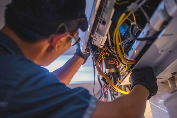 A technician conducting standard aircon servicing in a domestic setting. A technician conducting standard aircon servicing in a domestic setting.