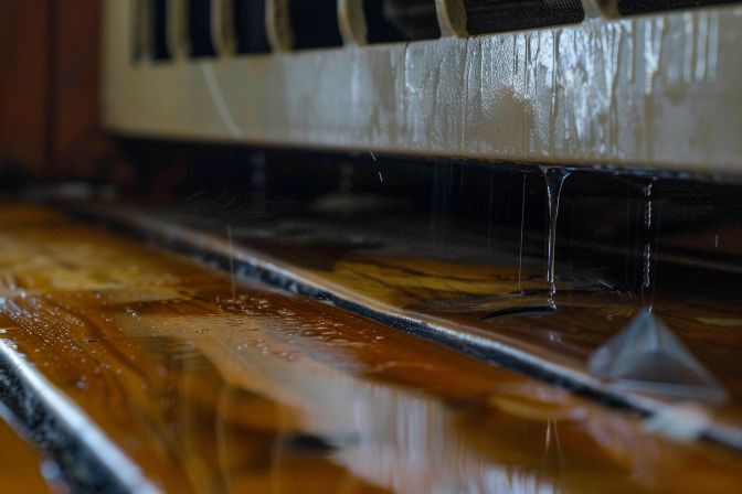 A damaged air conditioning unit dripping water onto wooden flooring. A damaged air conditioning unit dripping water onto wooden flooring.