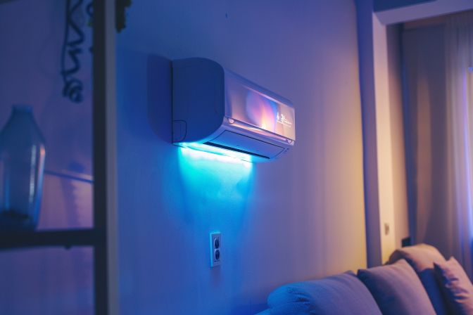 A newly installed air conditioning unit in a home interior. A newly installed air conditioning unit in a home interior.