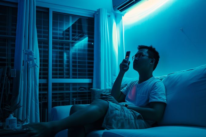 A person in their 30s looks confused while holding an aircon remote. A person in their 30s looks confused while holding an aircon remote.