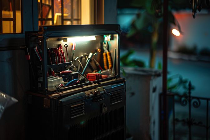 An aircon technician's toolbox opened on a residential doorstep in Singapore. An aircon technician's toolbox opened on a residential doorstep in Singapore.