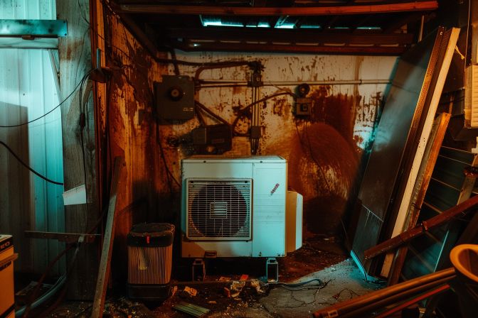 An old and worn air conditioning unit in a cluttered garage. An old and worn air conditioning unit in a cluttered garage.