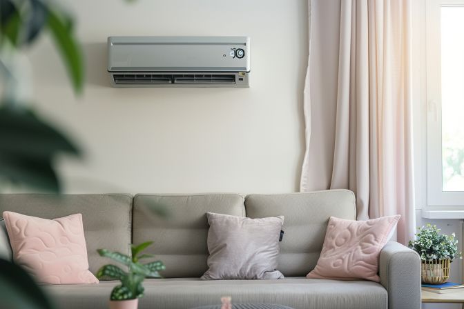 A well-maintained air conditioning unit in a modern living room setting. A well-maintained air conditioning unit in a modern living room setting.