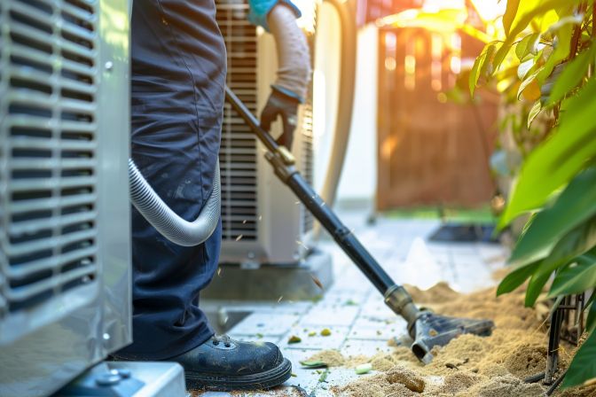 A technician cleaning dust from an air conditioning unit for efficiency. A technician cleaning dust from an air conditioning unit for efficiency.