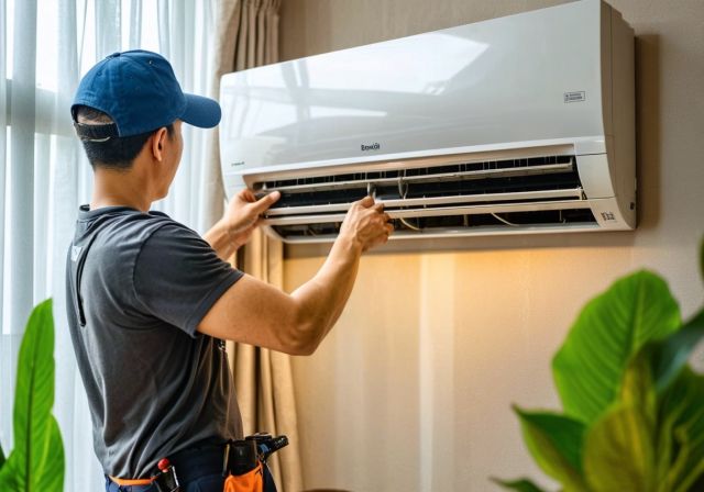 A modern air conditioning unit being expertly installed in a Singaporean flat.