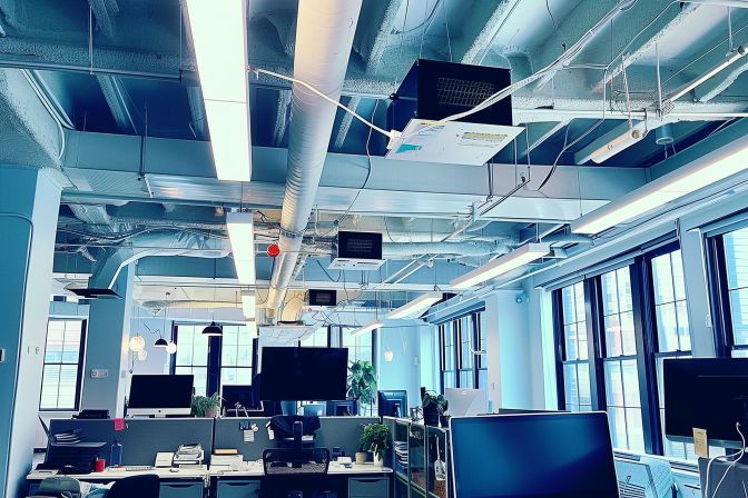 An open office with a ceiling-mounted air conditioning unit. An open office with a ceiling-mounted air conditioning unit.