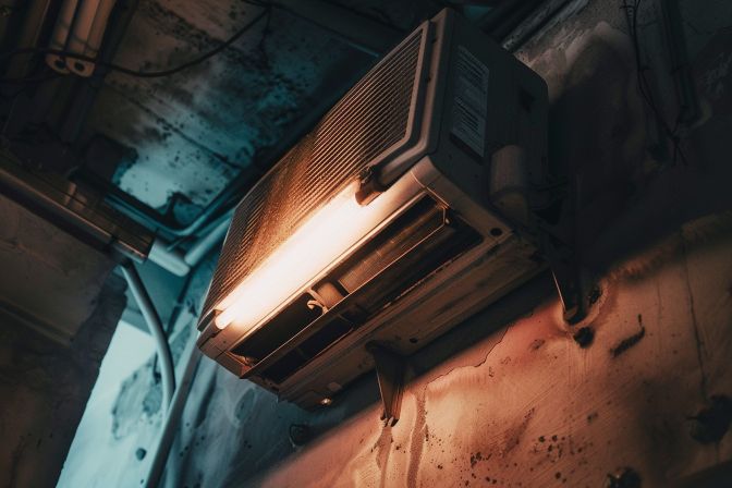 The old and dusty air conditioning unit needs servicing. The old and dusty air conditioning unit needs servicing.