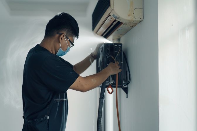 A technician performing aircon chemical wash on a split AC unit.