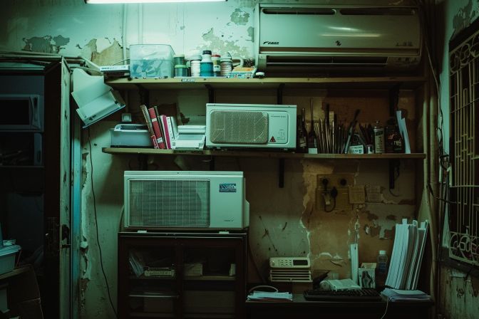 A worn aircon unit in a cluttered home office with HVAC tools. A worn aircon unit in a cluttered home office with HVAC tools.