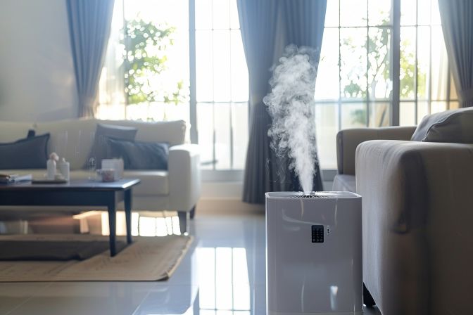 An air purifier and air conditioning unit in a living room. An air purifier and air conditioning unit in a living room.