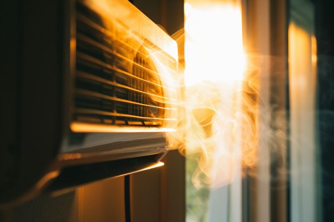 A dusty air filter sits beside an open AC unit. A dusty air filter sits beside an open AC unit.