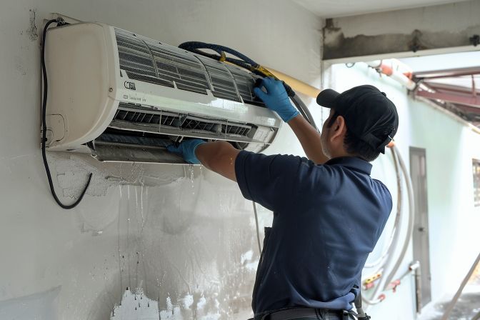 A technician performing an aircon chemical wash on an air conditioner. A technician performing an aircon chemical wash on an air conditioner.