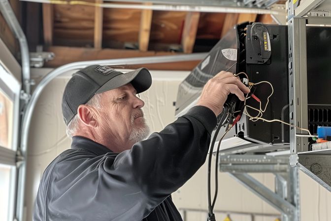 A man inspects an air conditioning unit in a messy garage. A man inspects an air conditioning unit in a messy garage.