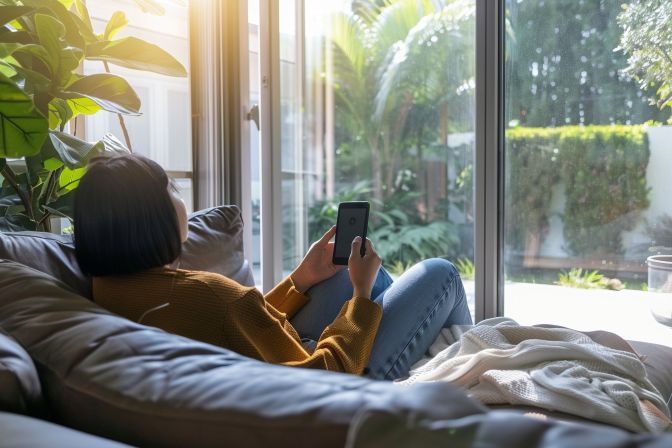 A person in their 30s adjusting a smart air conditioning unit. A person in their 30s adjusting a smart air conditioning unit.