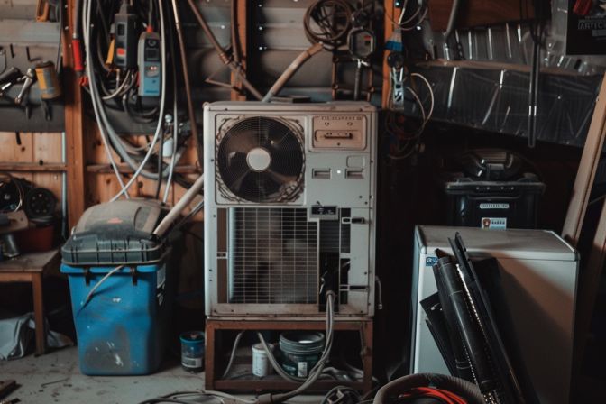 An old central air conditioner unit in a cluttered garage. An old central air conditioner unit in a cluttered garage.