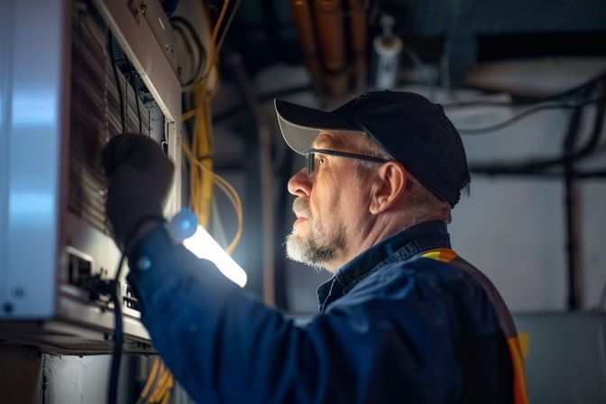 A technician inspecting an air conditioning unit for performance issues. A technician inspecting an air conditioning unit for performance issues.