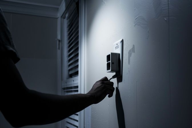 A person attempting to plug in an air conditioner and checking a flipped circuit breaker. A person attempting to plug in an air conditioner and checking a flipped circuit breaker.